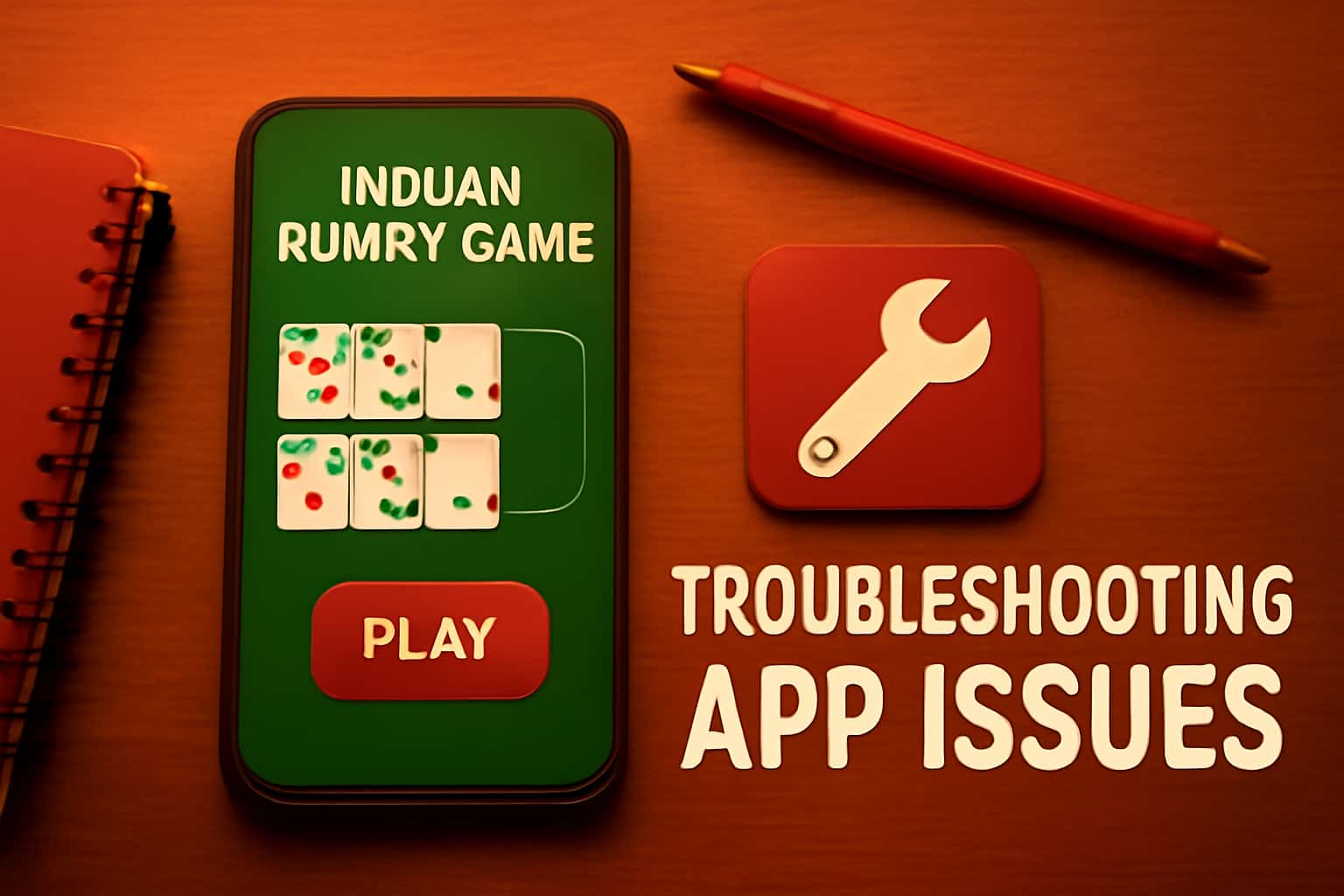 A professional-looking image depicting troubleshooting for the Indian Rummy Game app.